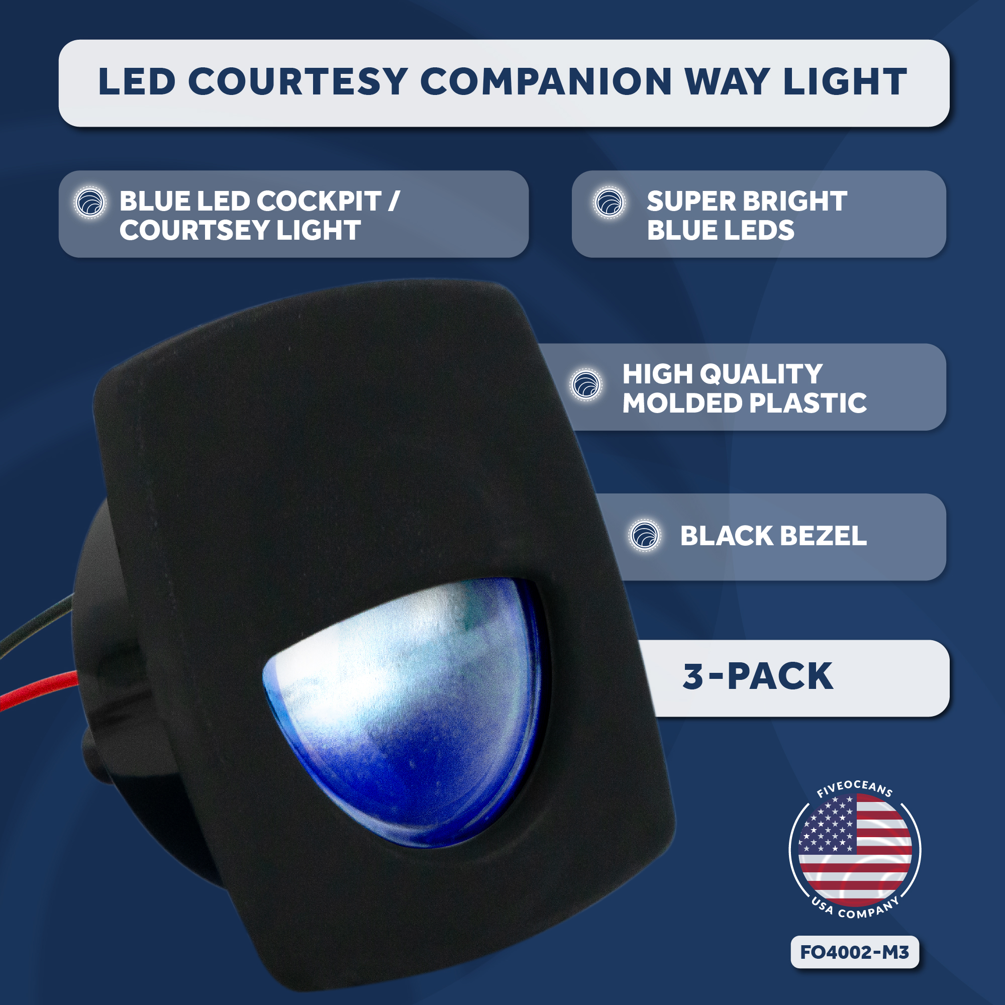 LED Companion Way Light 3 Pack Marine Courtesy Lights, Square, Blue LED - Picture 2 of 8